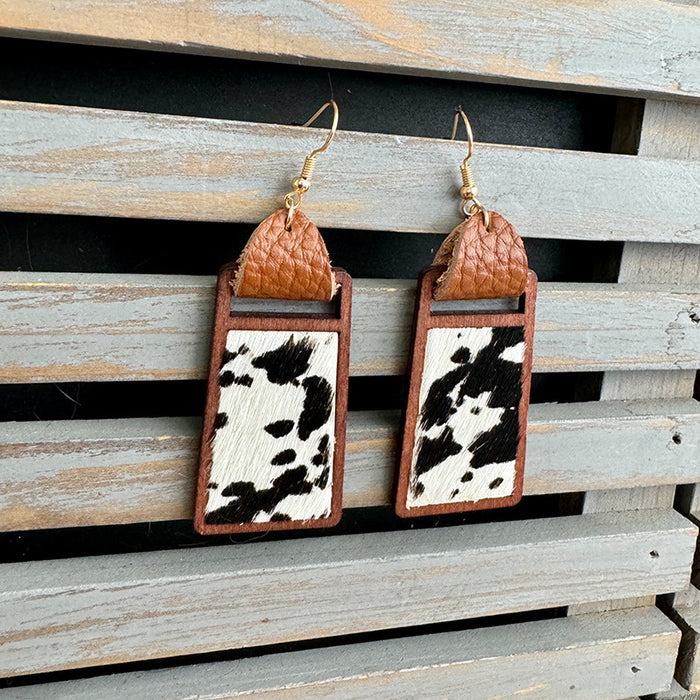 Wholesale Western genuine leather earrings Cow brand geometric hollow inlaid leopard print classic exaggerated earrings