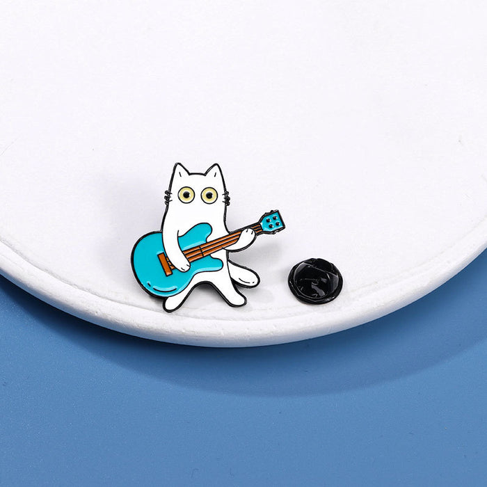Wholesale White cat musical instrument cartoon brooch versatile creative small animal clothing n needle butterfly buckle metal badge