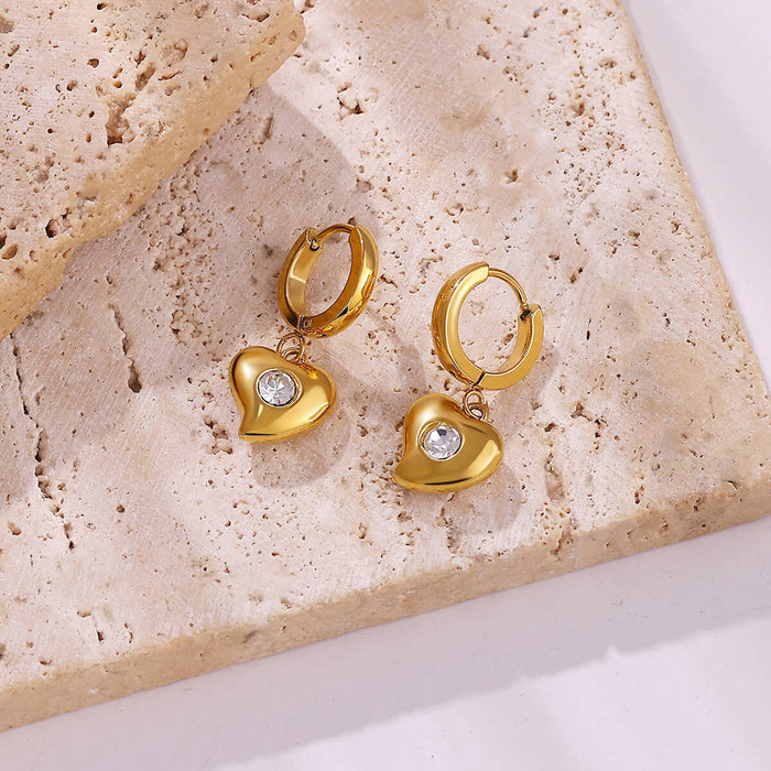 Wholesale Titanium Steel Love Earrings Peach Heart Inlaid Texture Plain Hoop Earrings