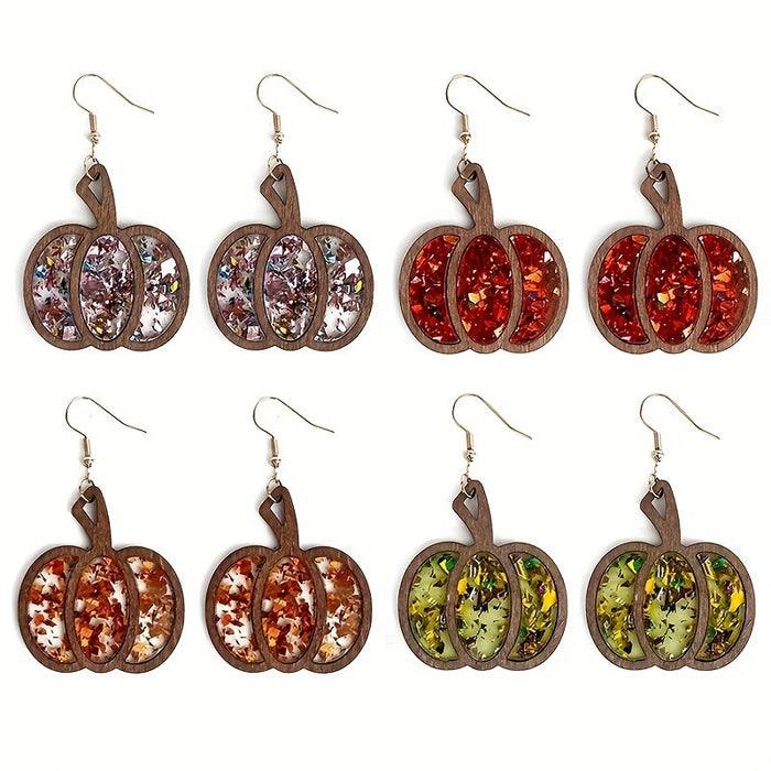 Wholesale Halloween Autumn Pumpkin Wood Inlay Sequin Earrings JDC-ES-XiYin001