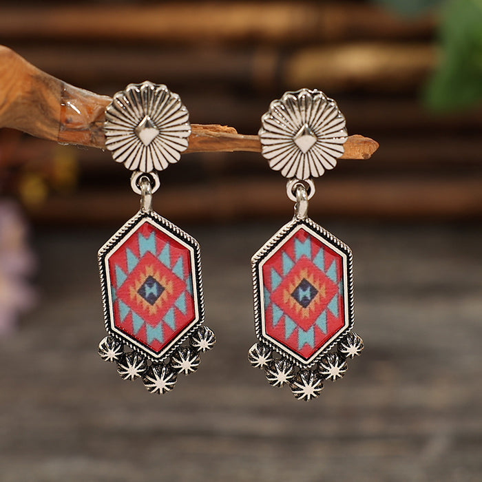 Wholesale Geometric printing diamond pattern tassel alloy earrings