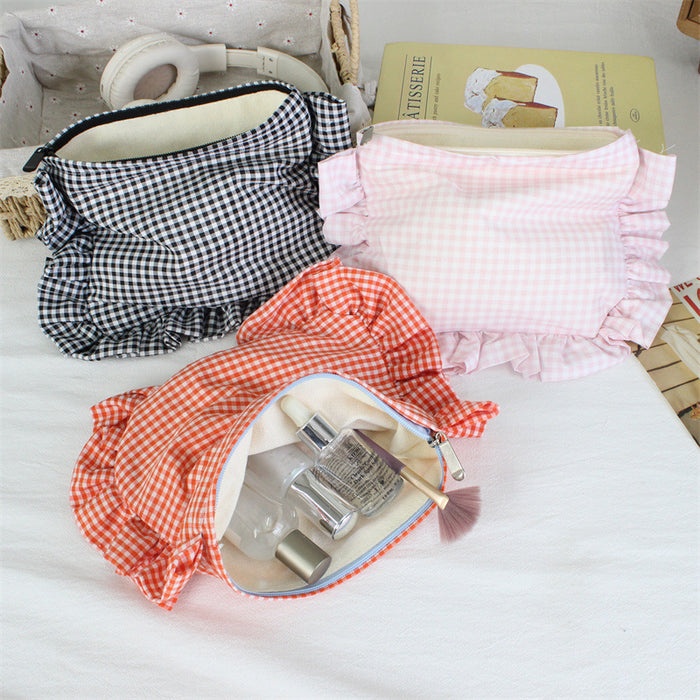 Wholesale Yellow Gingham Ruffle Trim Makeup Bag Large Capacity Portable Cosmetic Organizer For Everyday Use And Boutique Resale