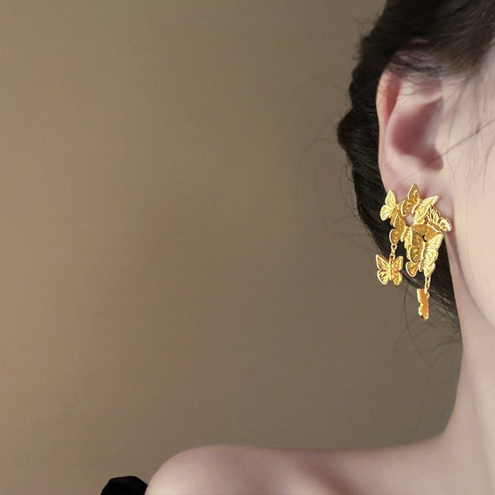 Wholesale Retro metallic butterfly earrings, high-end floral earrings, versatile, exaggerated, niche earrings