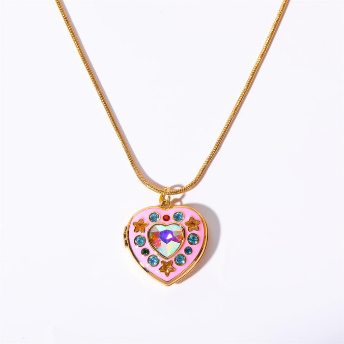 Wholesale Valentine' s Day Heart-Shaped Colorful Diamond-Studded Opening and Closing Photo Frame Necklace