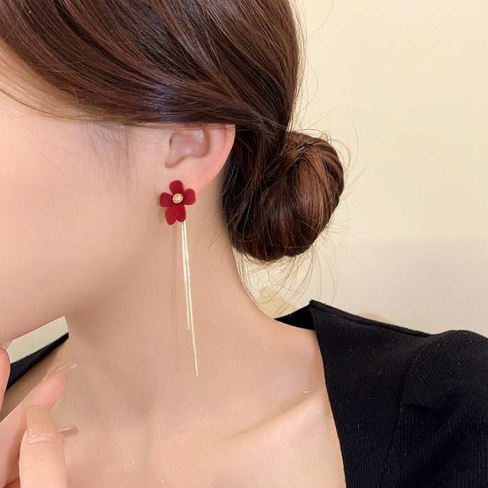 Wholesale Autumn and Winter high-grade design red flower earrings light luxury simple temperament asymmetric tassel earrings