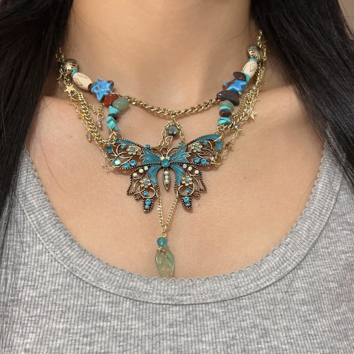 Wholesale Butterfly tassel necklace, double-layer layered versatile heart pendant, collarbone chain
