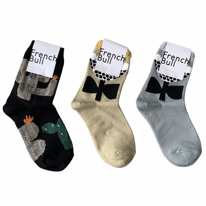 Wholesale Cotton socks, cat flower cactus trendy socks, women's socks, mid tube socks