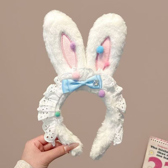 Wholesale Cute bow bunny ears lace trim plush headband