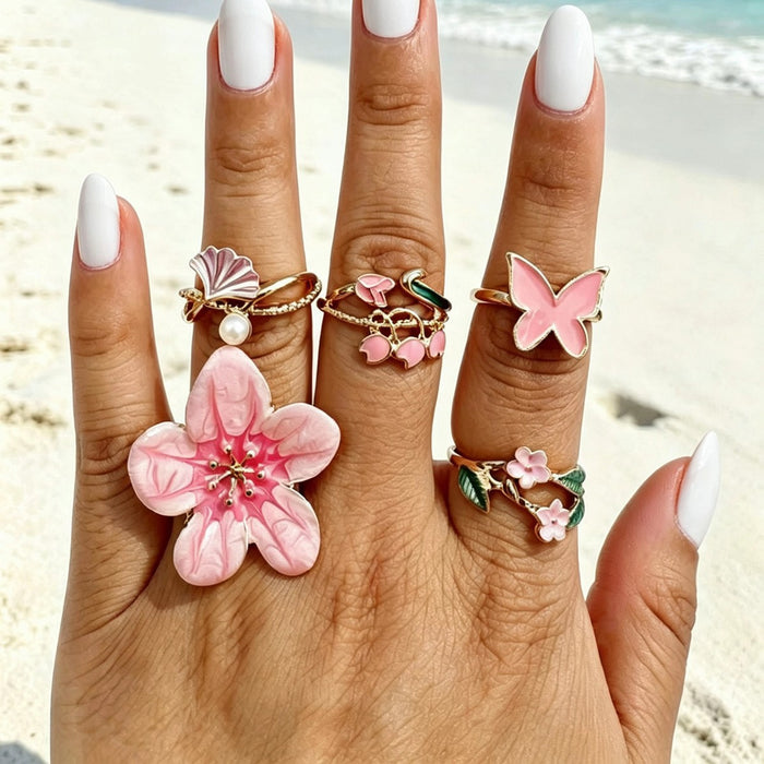 Wholesale Flower Pearl Ring Set – Fashion Accessory Dripping Oil Design MOQ≥5