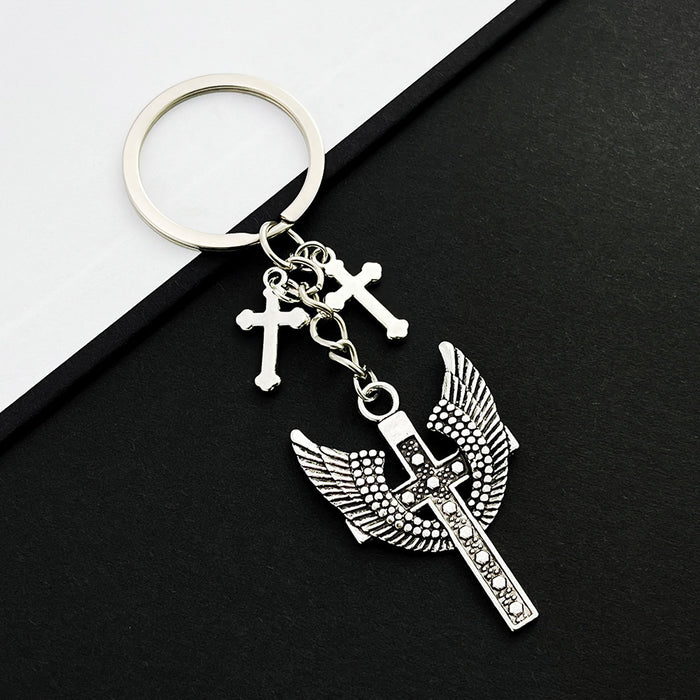 Wholesale Antique Silver Wings Cross Alloy Keychain JDC-KC-LuNeng003