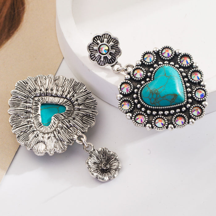 Wholesale Vintage alloy antique silver plated earrings with turquoise heart-shaped pendants