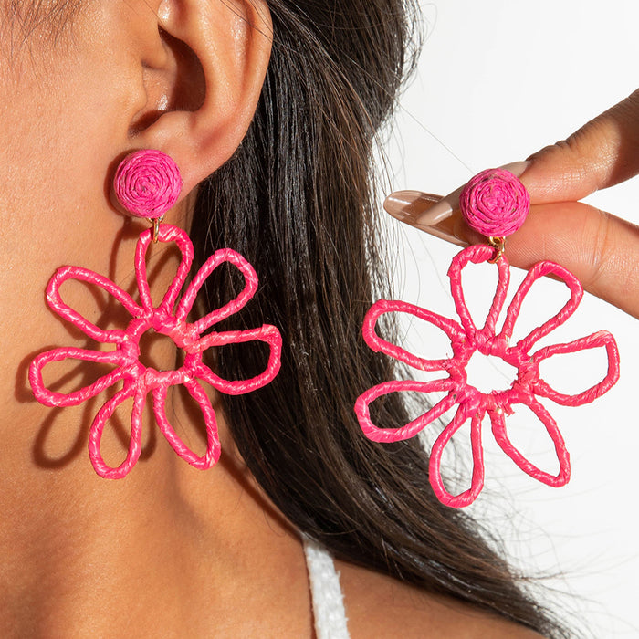 Wholesale Vacation Style Handmade Raffia Flower Earrings Red Jewelry Accessory MOQ≥5