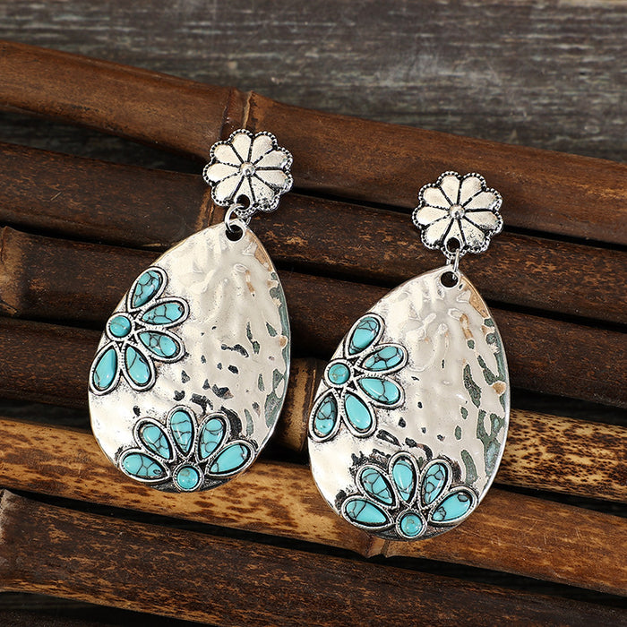 Wholesale Water droplet alloy inlaid turquoise earrings with retro style earrings and earrings