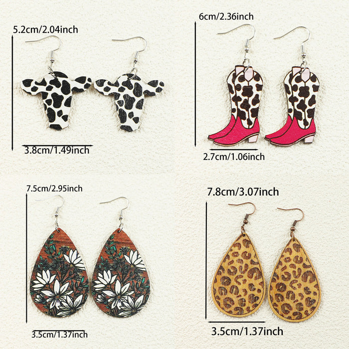 Wholesale Western Cowboy Style Old Style Cow Pattern Boots Cow Head Leopard Print Flower Women' s Wooden Earrings