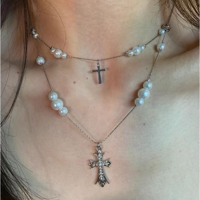 Wholesale Temperament multi-layer pearl cross necklace