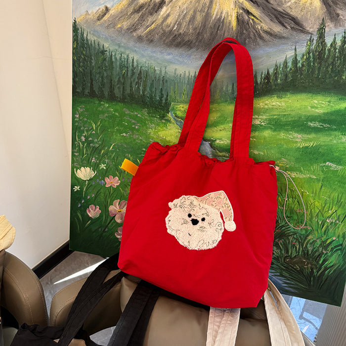 Wholesale New cartoon embroidery drawstring shoulder bag, casual canvas bag, large capacity commuting bag
