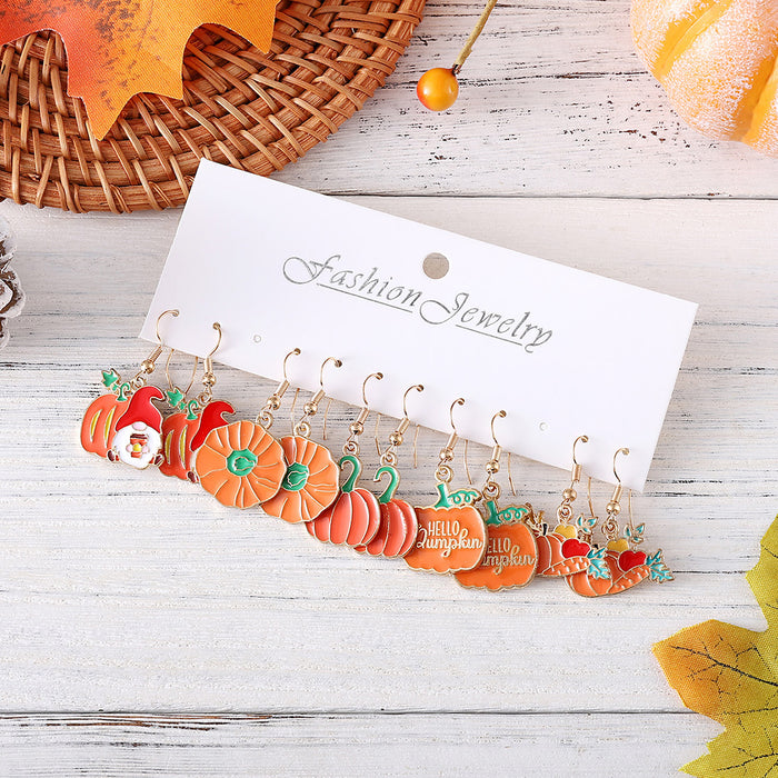 Wholesale Pumpkin Carrot Pendant Earring Set Printed Alloy Jewelry Accessory for Thanksgiving