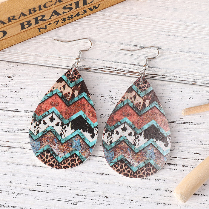 Wholesale Ethnic Leopard Dairy Pattern Turquoise Pattern Water Drop Earrings Women PU Double-sided Earrings
