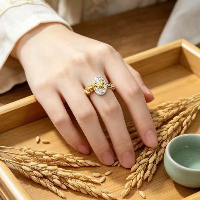 Wholesale Chinese Zodiac Rat Adjustable Open Ring Seven Grain Retro Gold Plated Copper Unisex Jewelry Boutique Resale Gift