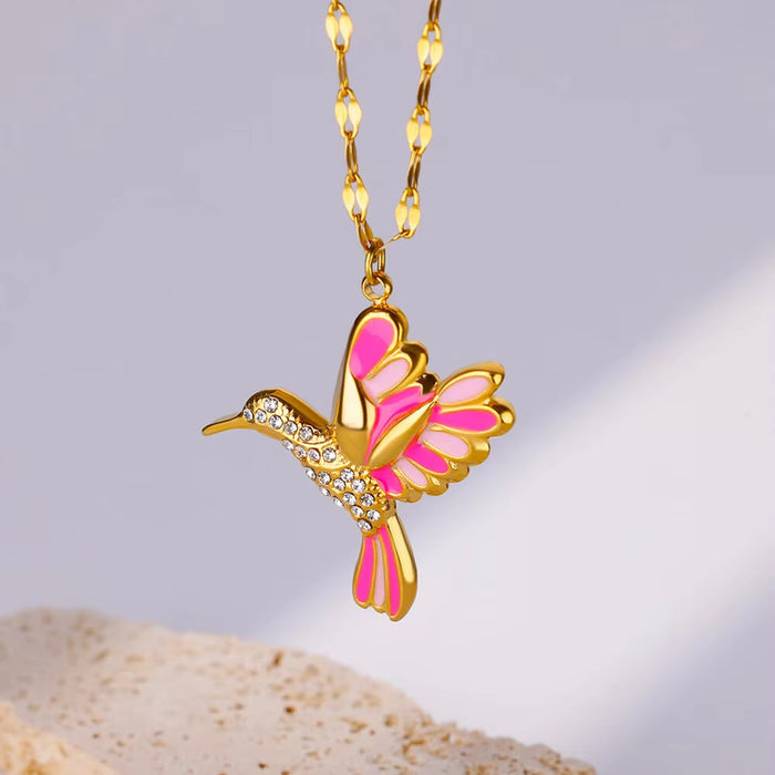 Wholesale Stainless steel hummingbird  pendant jewelry inlaid zircon  necklace