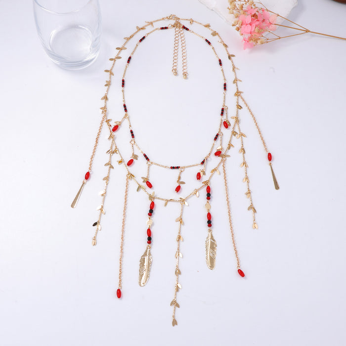 Wholesale Double-Layer Stacked Chain Metal Leaf Beaded Pendant Tassel Women's Necklace