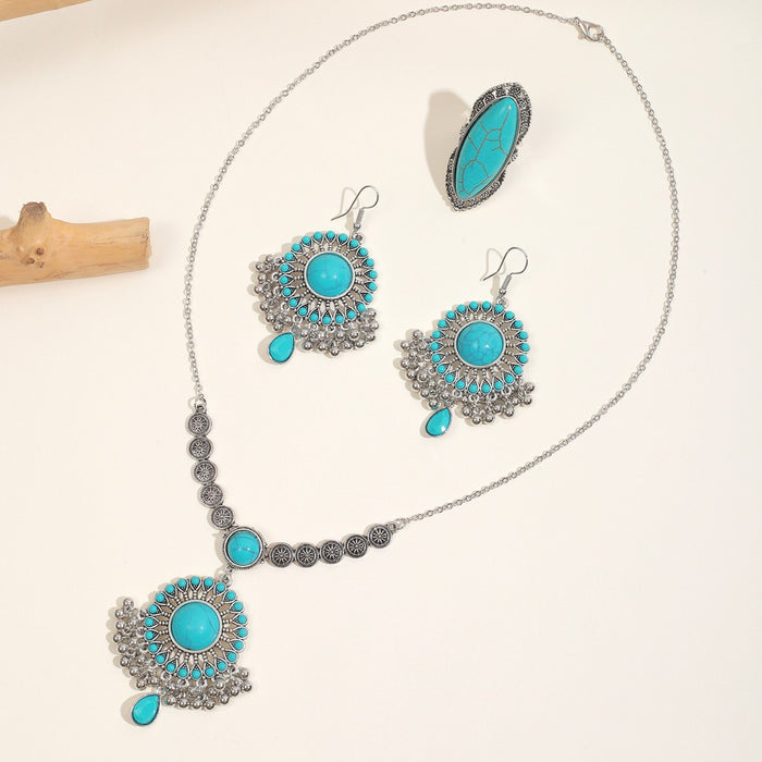 Wholesale Turquoise Necklace Set with Earrings Plant Flower Pattern Layering Jewelry MOQ≥3