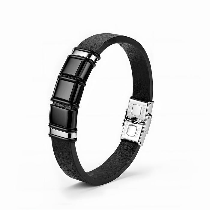 Wholesale Men' s Stainless Steel Bamboo Leather Bracelet Accessory