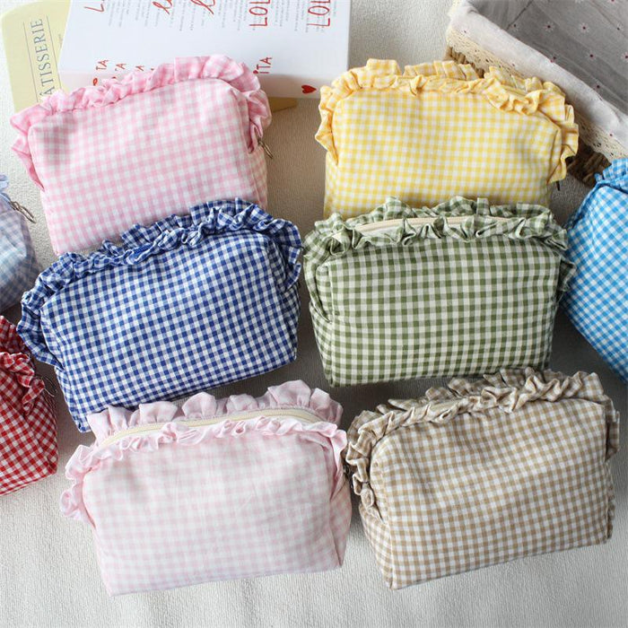 Wholesale Trendy Black Plaid Pleated Lace Pencil Case Large Capacity Student Stationery Pouch Boutique Gift