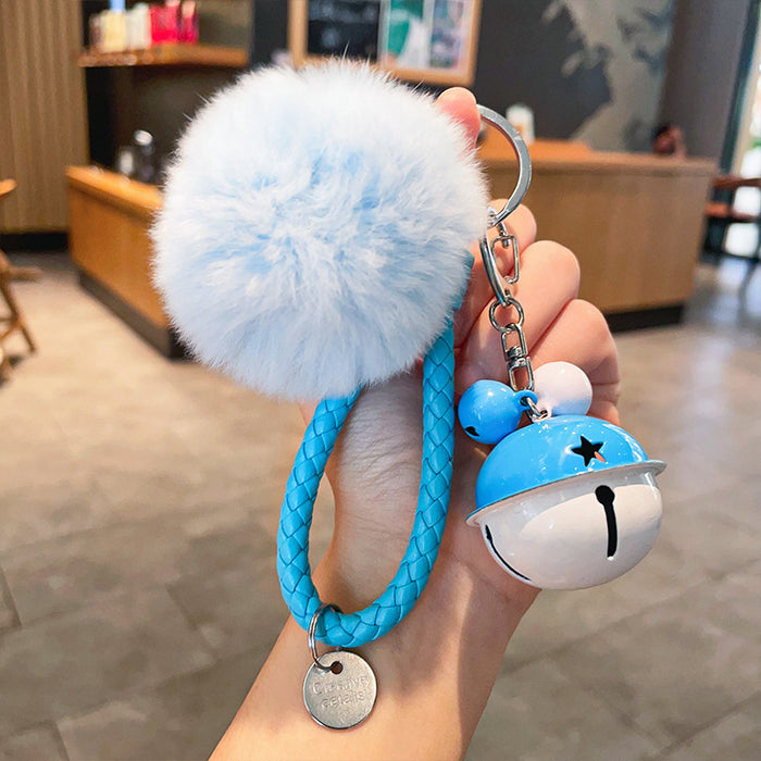 Wholesale Fur Ball Two-color Bell Leather Rope Keychain JDC-KC-YuanD003