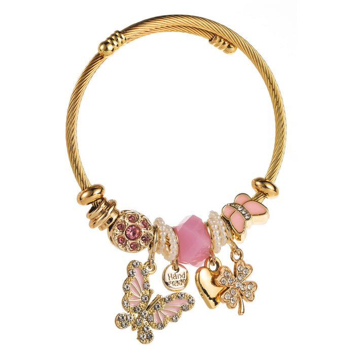 Wholesale Chic Adjustable Women S Bracelet With Butterfly Heart Clover Charms Alloy Pink Fashion Jewelry Accessory