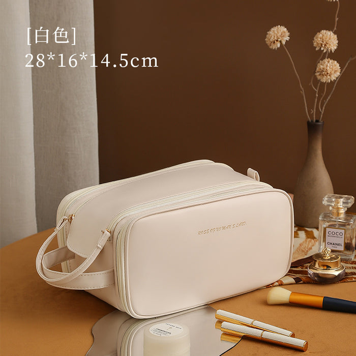 Wholesale PU Leather Large Capacity Double Zipper Cosmetic Bag Modern Minimalist Chic Travel Makeup Organizer