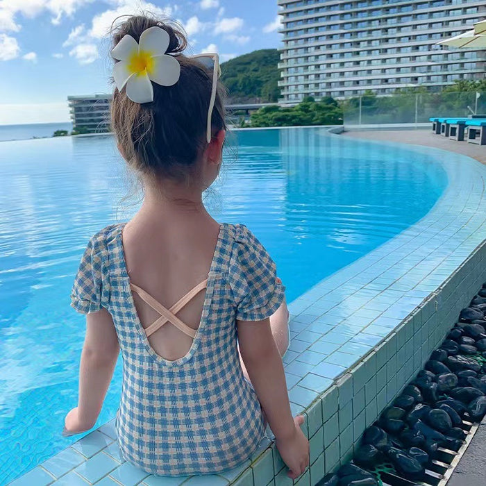Wholesale Children's one-piece swimsuit bow checkered swimsuit cross elastic bubble sleeve swimsuit