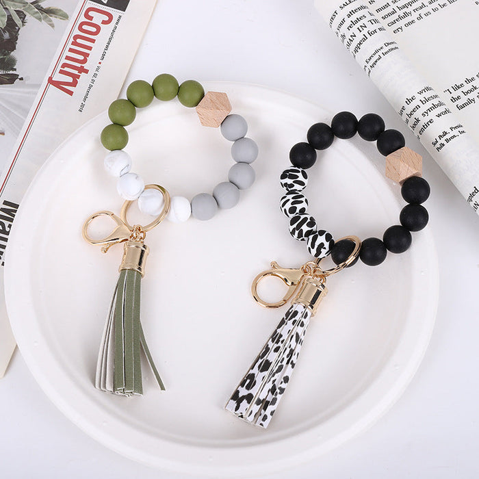 Wholesale Tassel Wood Beads Silicone Keychains JDC-KC-QXue012