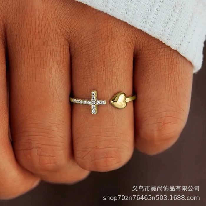Wholesale Heart Cross Closed Ring for Women with Zircon Heart-Shaped Ring