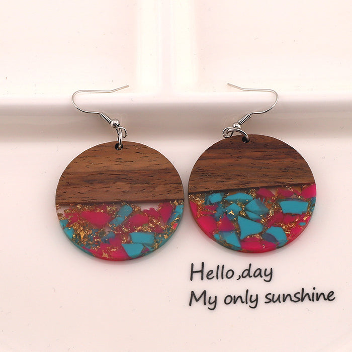 Wholesale Round Hollow Resin Crushed Natural Stone Gold Foil Wooden Earrings JDC-ES-Dagou002