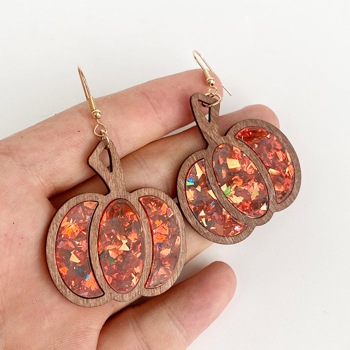Wholesale  pumpkin wood texture inlaid acrylic glitter sequins Autumn earrings