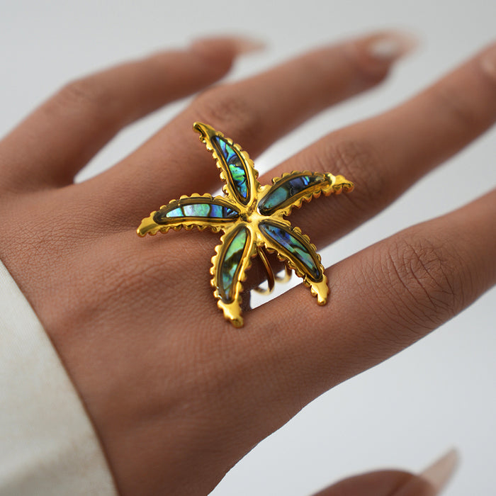 Wholesale Jewelry Stainless Steel Dripping Oil Sea Star Open Ring, Light Luxury, High Grade Handmade Decoration
