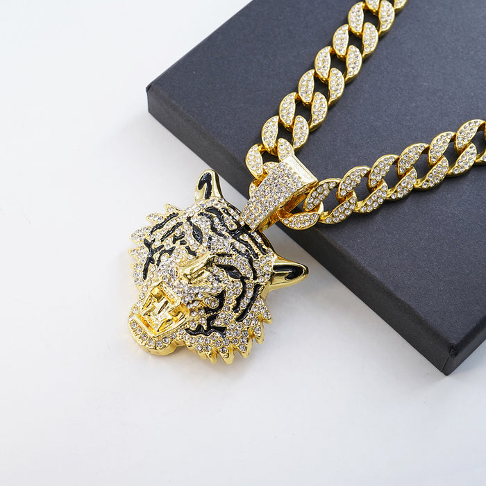 Wholesale Alloy Three-Dimensional Full Diamond Tiger Pendant Necklace  Jewelry