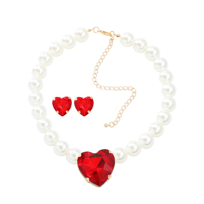 Wholesale Pearl Heart Shaped Glass Diamond Earrings Necklace Combination Set JDC-ES-JL207