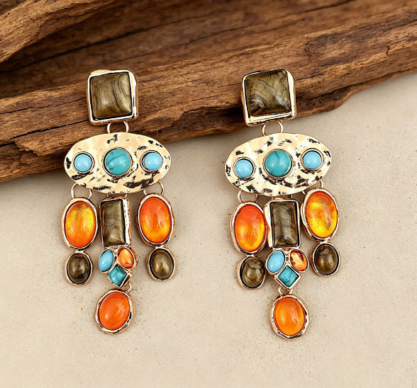 Wholesale Ethnic Style Turquoise Tassel Earrings Creative Vintage Earrings Long Style with Inlaid Turquoise