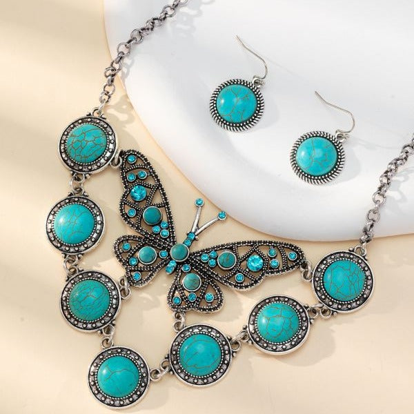 Wholesale Bohemian Turquoise Butterfly Necklace and Earring Set Metal Alloy Jewelry
