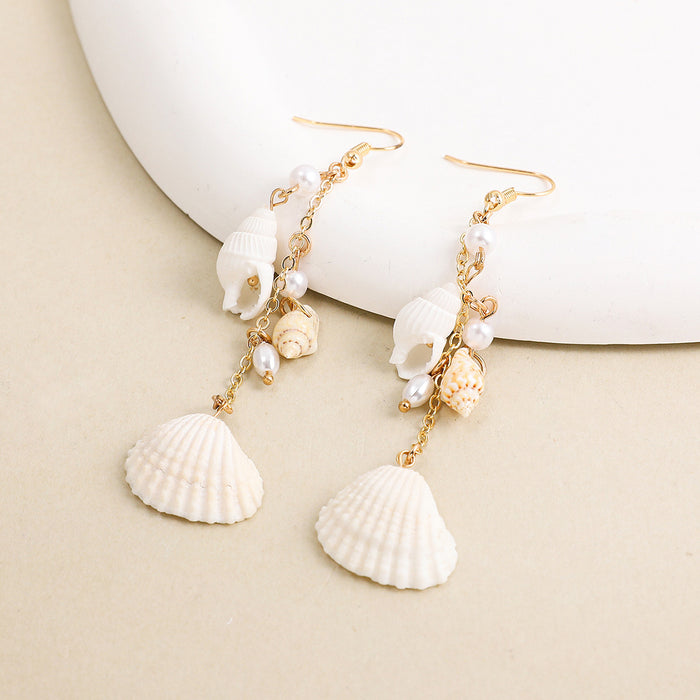 Wholesale Beach Pearl Shell Conch Earrings Bohemian Long Tassel Ear Hooks Women