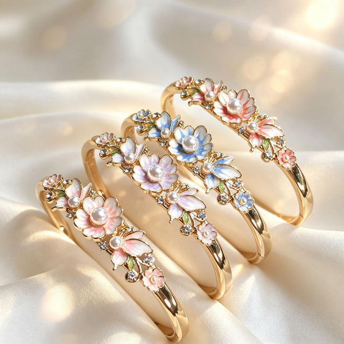 Wholesale New Chinese Style Pearl Flower Enamel Bangle Bracelet Light Purple Floral Jewelry Accessory Everyday Wear And Gift Giving Boutique Resale