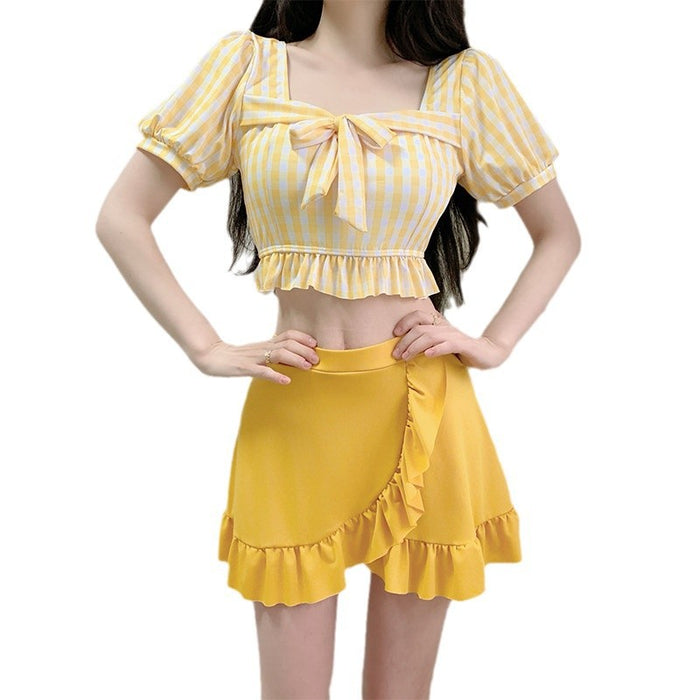 Wholesale Female swimsuit two-piece set with grid pattern, student swimsuit, hot spring bath, professional wholesale