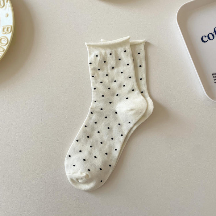 Wholesale Curled edge polka dot socks, mid tube socks, simple pile socks, sweat absorbing long socks