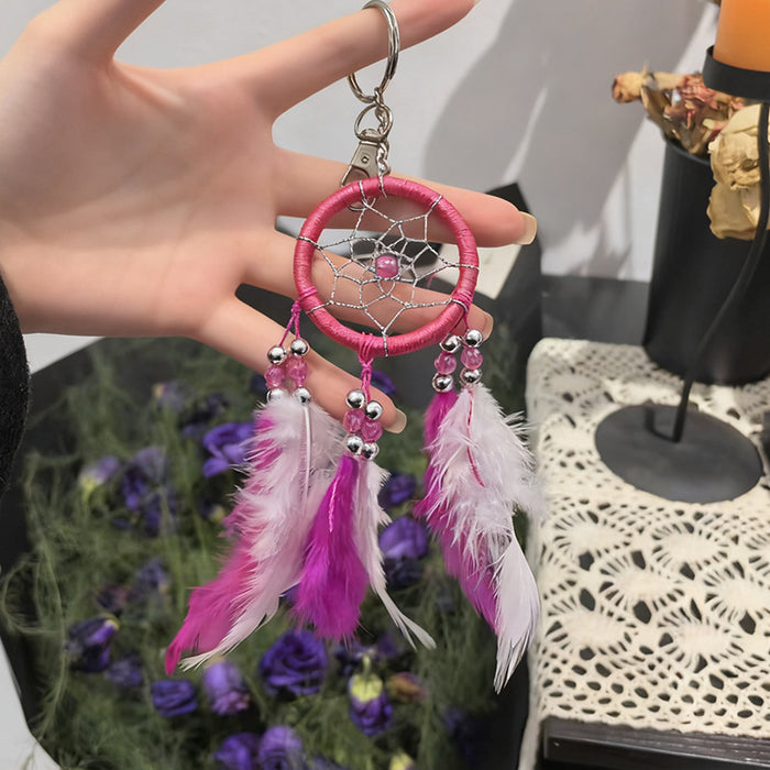 Wholesale Handmade Red Feather Dreamcatcher Keychain Nordic Style Couple Gift