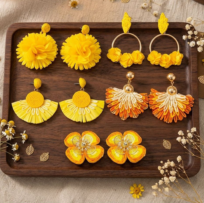 Wholesale Raffia Flower Earrings - Chic Yellow Summer Style Jewelry Accessory for Resale MOQ≥5