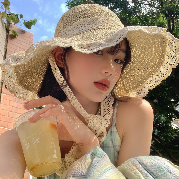Wholesale Lace lace straw hat with curled edges and hollowed out Lafite sun hat, large brim