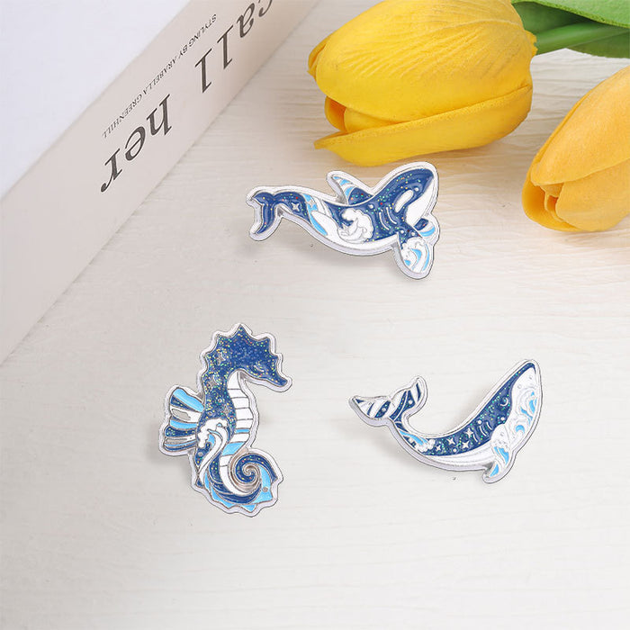 Wholesale Zinc Alloy Enamel Blue Ocean Animal Brooch Whale Orca Seahorse Wave Design Trendy Jewelry Accessory For Resale