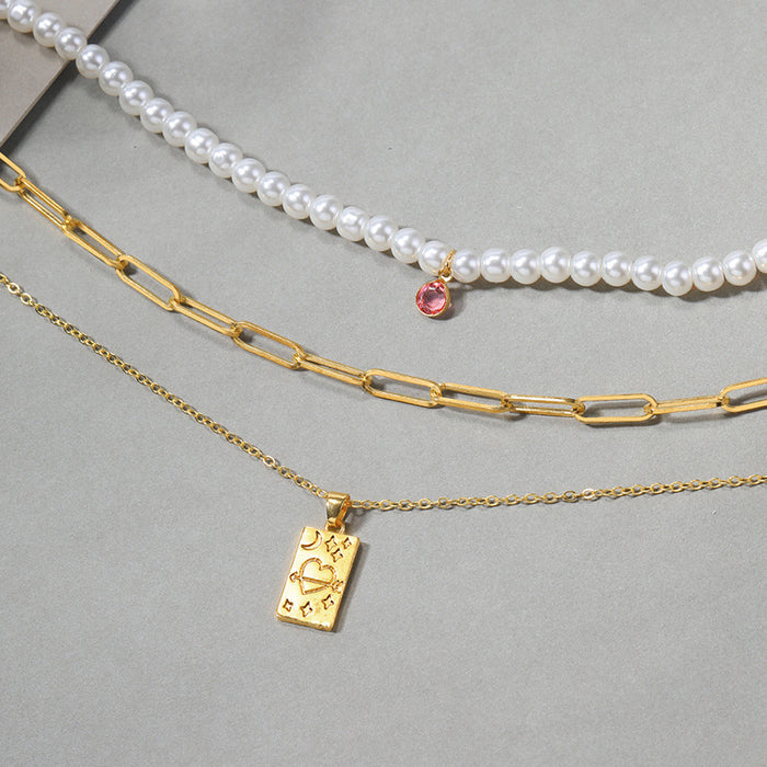 Wholesale Jewelry Pearl Multi layer Necklace Light Luxury Love Square Pendant